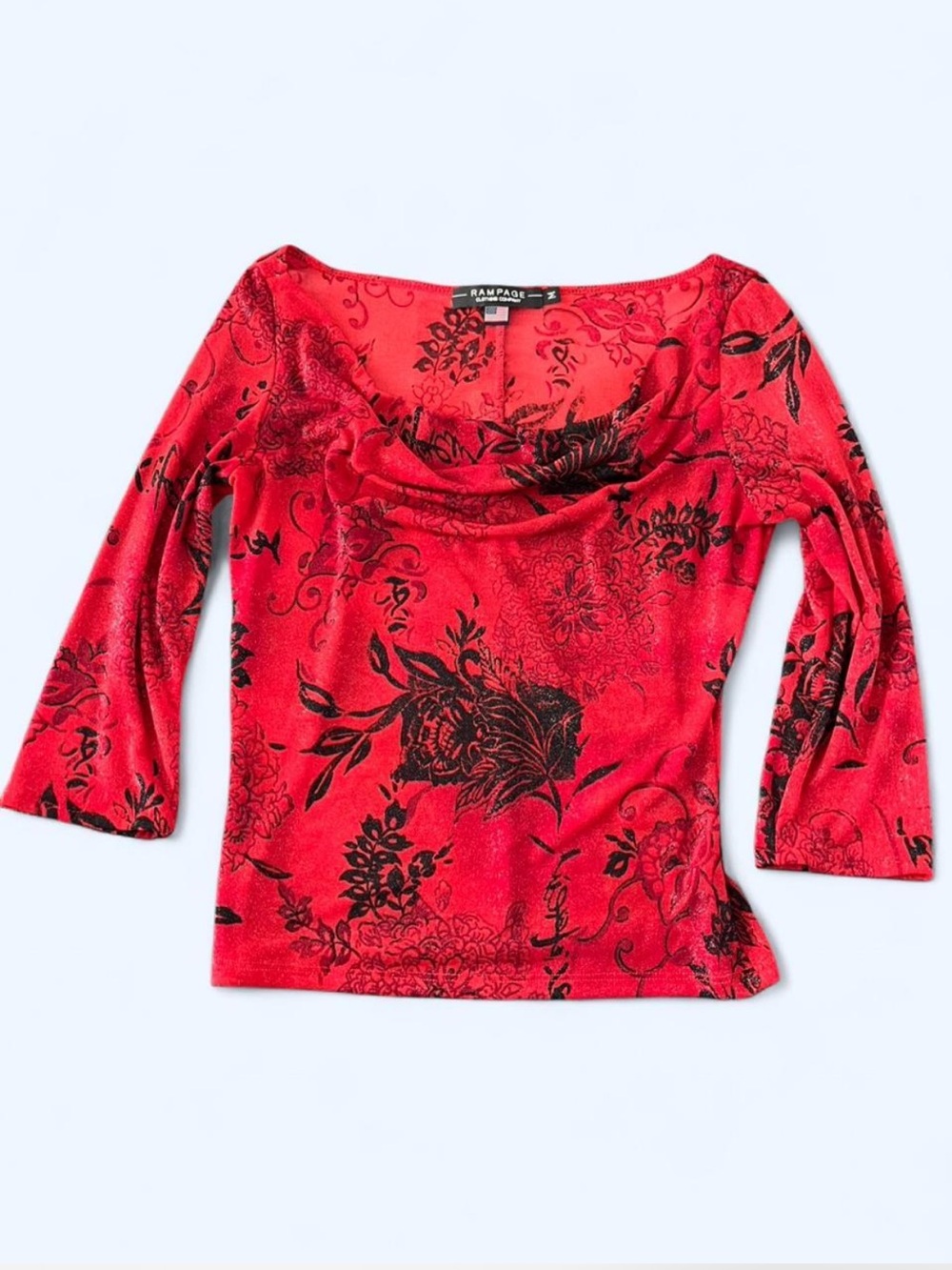 90s Y2K Rampage Red Glitter Floral Cowl Neck Top M